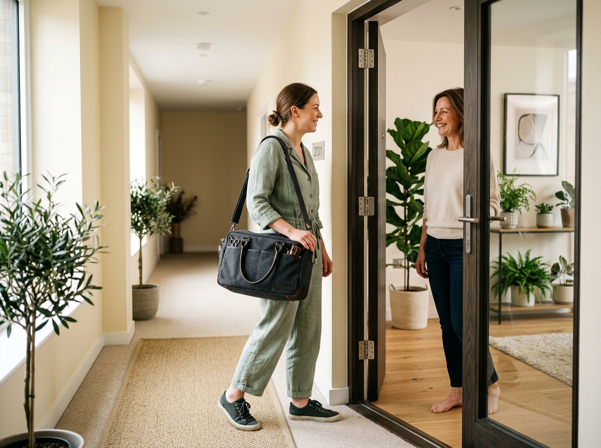 Eine mobile Dienstleisterin wird an der Wohnungstür von einer Kundin begrüßt